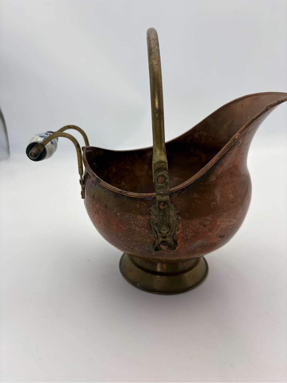 Vintage Copper Coal Scuttle with Brass and Blue and White Porcelain Handle